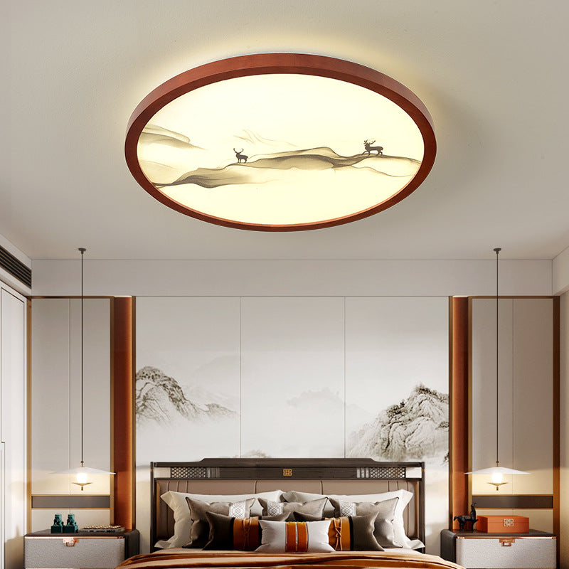 Traditional Chinese Round Solid Wood Acrylic LED Flush Mount Ceiling Light For Bedroom