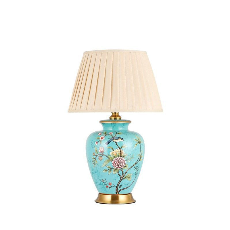 Traditional Chinese Cone Lampshade Ceramic Fabric Iron 1-Light Table Lamp For Living Room