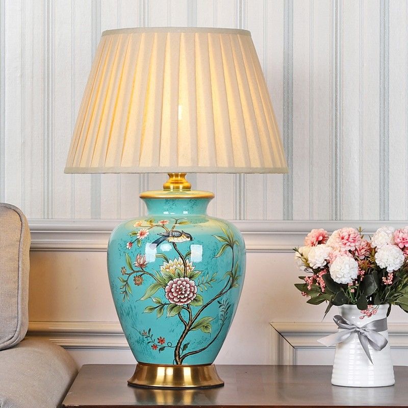 Traditional Chinese Cone Lampshade Ceramic Fabric Iron 1-Light Table Lamp For Living Room
