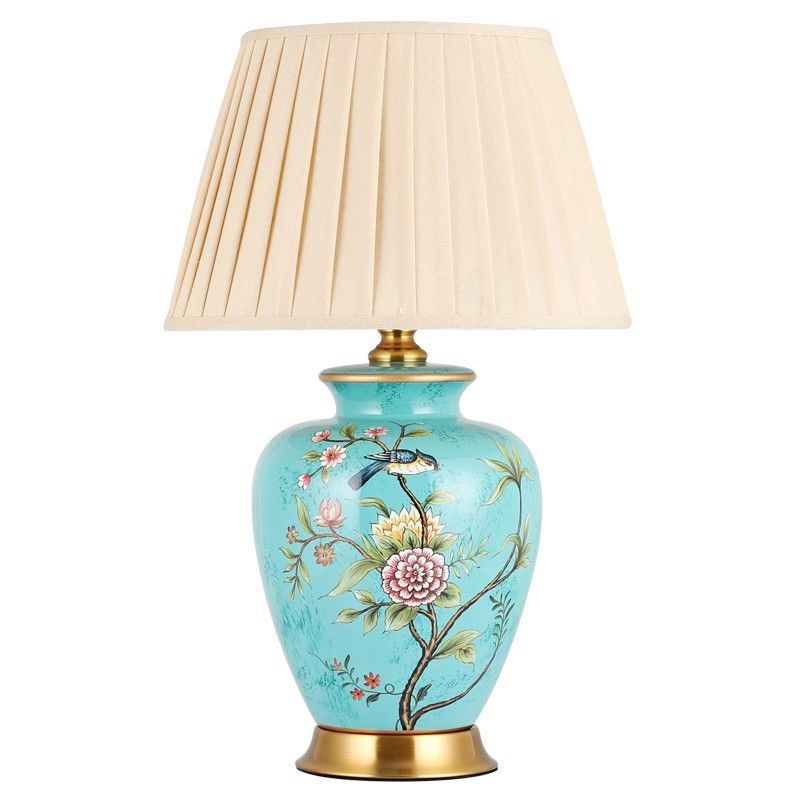 Traditional Chinese Cone Lampshade Ceramic Fabric Iron 1-Light Table Lamp For Living Room