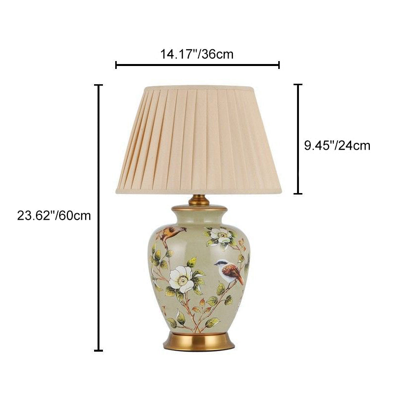 Traditional Chinese Cone Lampshade Ceramic Fabric Iron 1-Light Table Lamp For Living Room