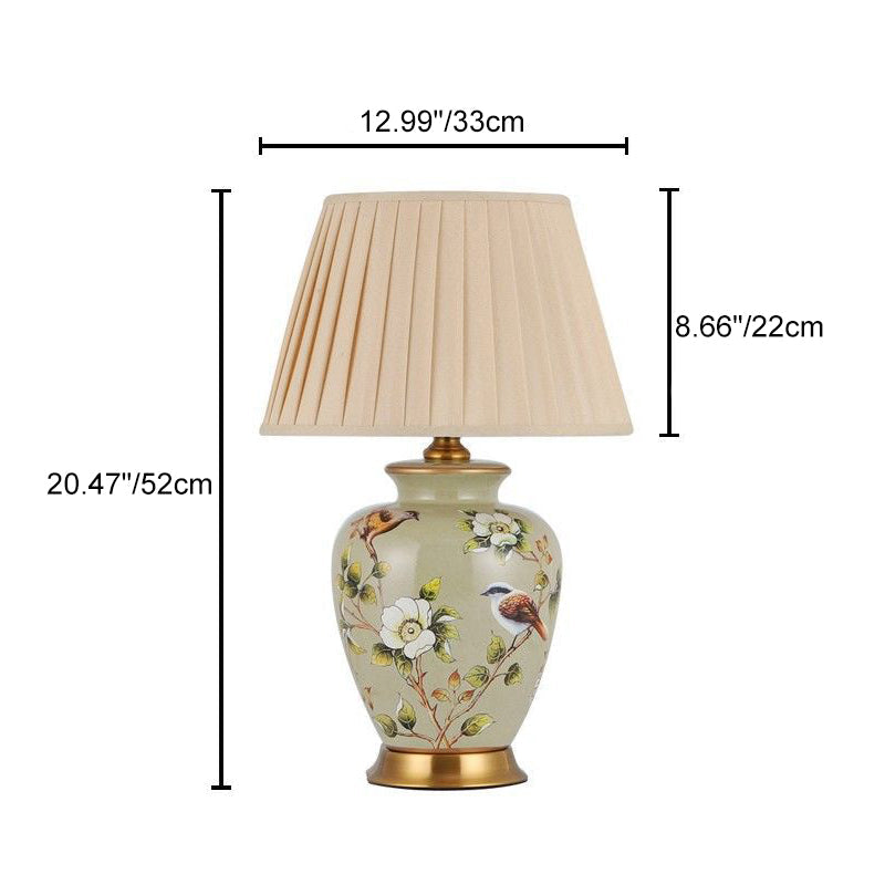 Traditional Chinese Cone Lampshade Ceramic Fabric Iron 1-Light Table Lamp For Living Room
