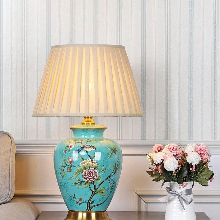 Traditional Chinese Cone Lampshade Ceramic Fabric Iron 1-Light Table Lamp For Living Room