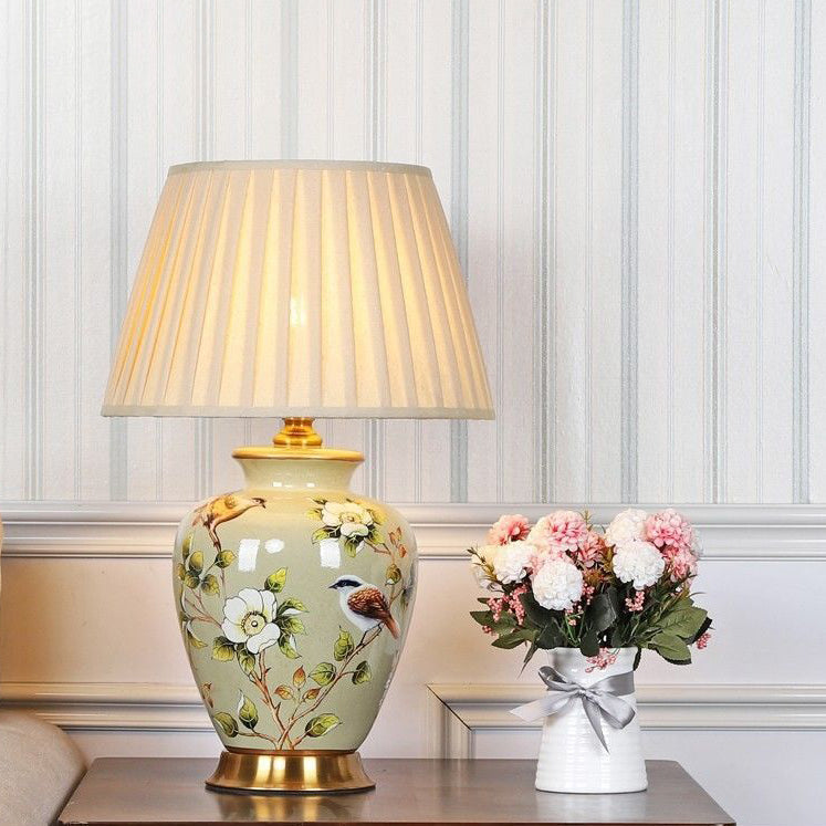 Traditional Chinese Cone Lampshade Ceramic Fabric Iron 1-Light Table Lamp For Living Room