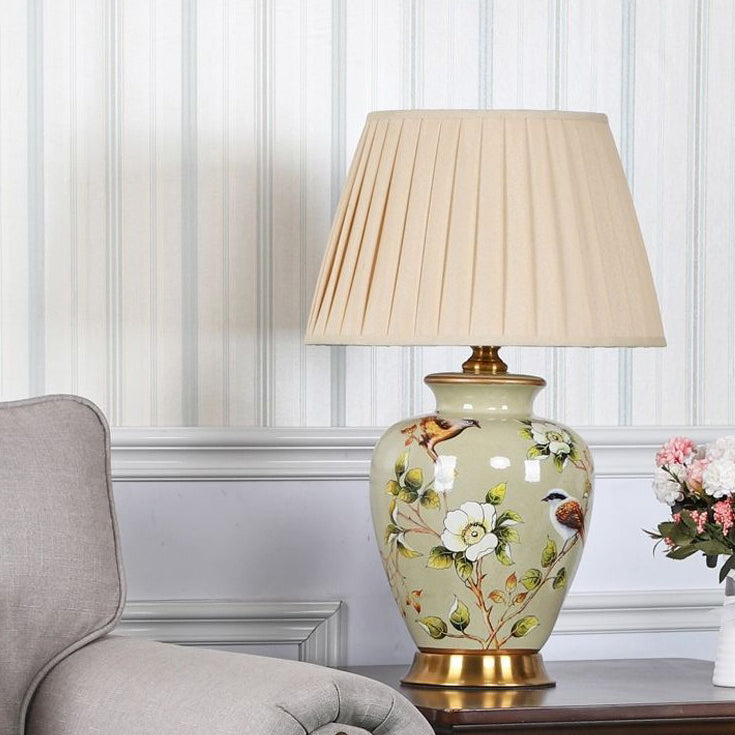 Traditional Chinese Cone Lampshade Ceramic Fabric Iron 1-Light Table Lamp For Living Room