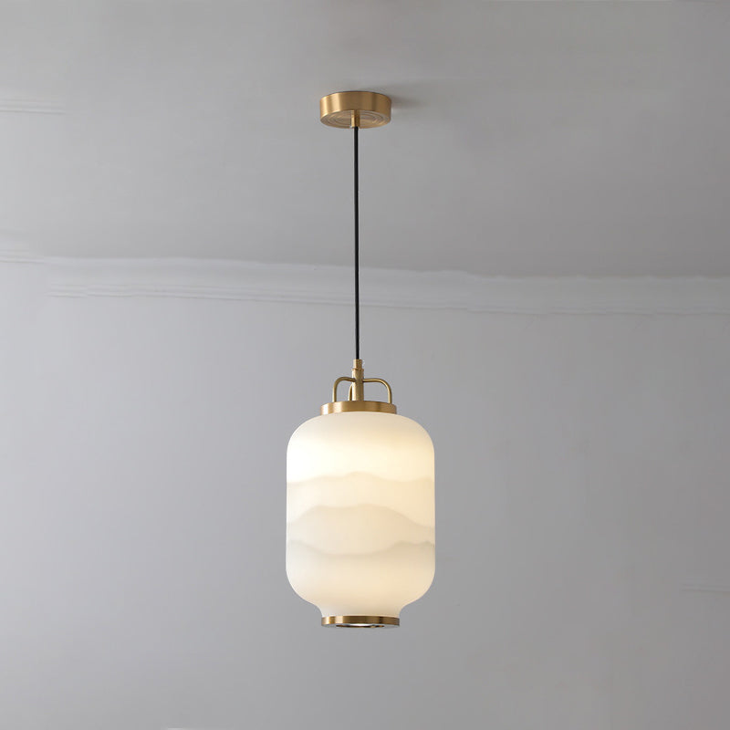 Traditional Chinese Lantern Cylinder Copper Glass LED Pendant Light For Living Room