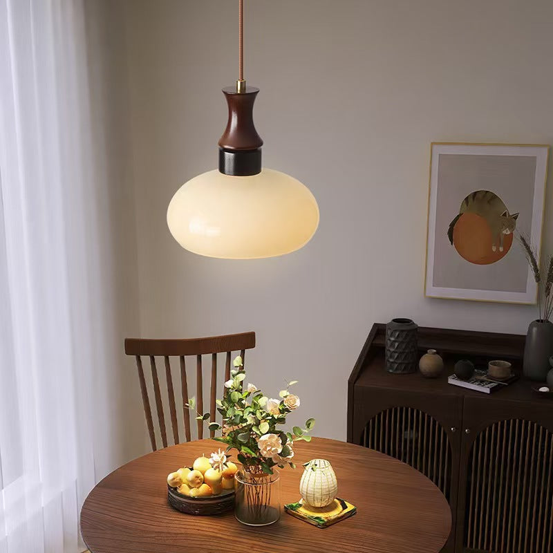 Modern Mid-Century Round Metal Rubberwood Glass 1-Light Pendant Light For Living Room