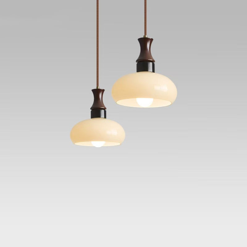 Modern Mid-Century Round Metal Rubberwood Glass 1-Light Pendant Light For Living Room