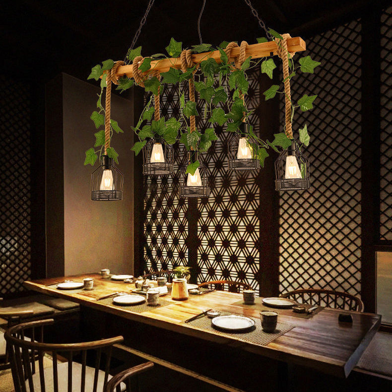 Traditional Rustic Cage Iron Rope Solid Wood 3/5 Light Chandelier Island Light For Dining Room