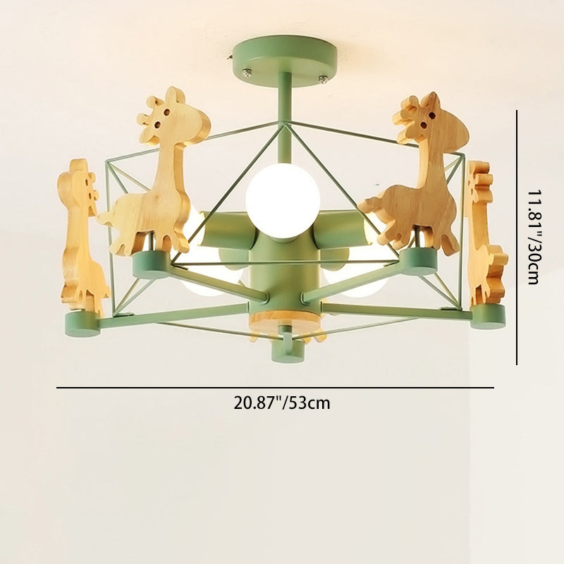 Contemporary Creative Kids Pinwheel Metal Wood 5-Light Semi-Flush Mount Ceiling Light For Bedroom