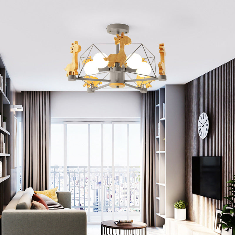 Contemporary Creative Kids Pinwheel Metal Wood 5-Light Semi-Flush Mount Ceiling Light For Bedroom