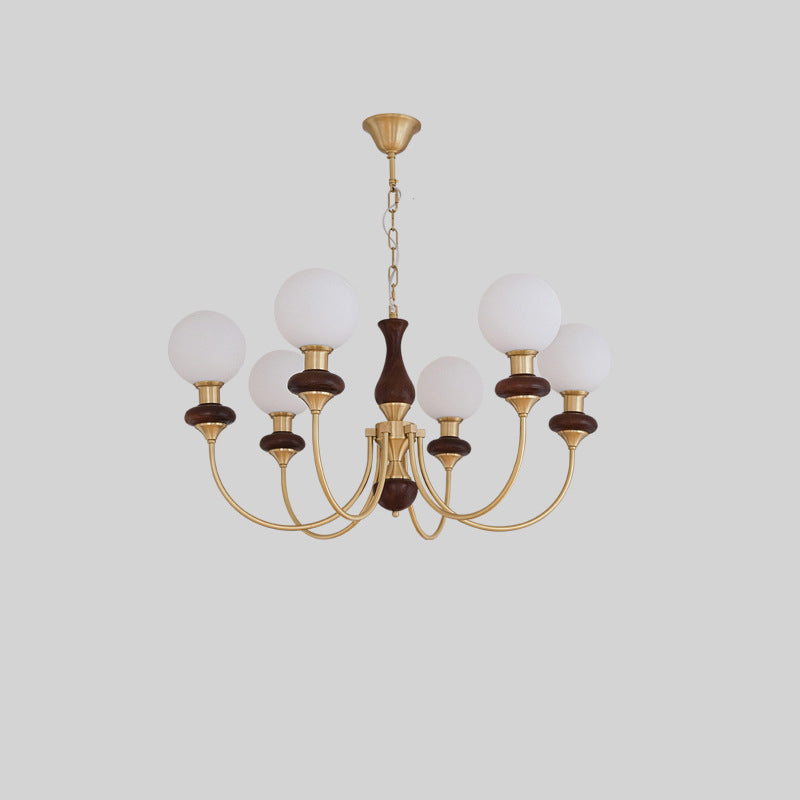 Traditional French Globe Iron Ash Wood Glass 3/6/8 Light Chandelier For Living Room