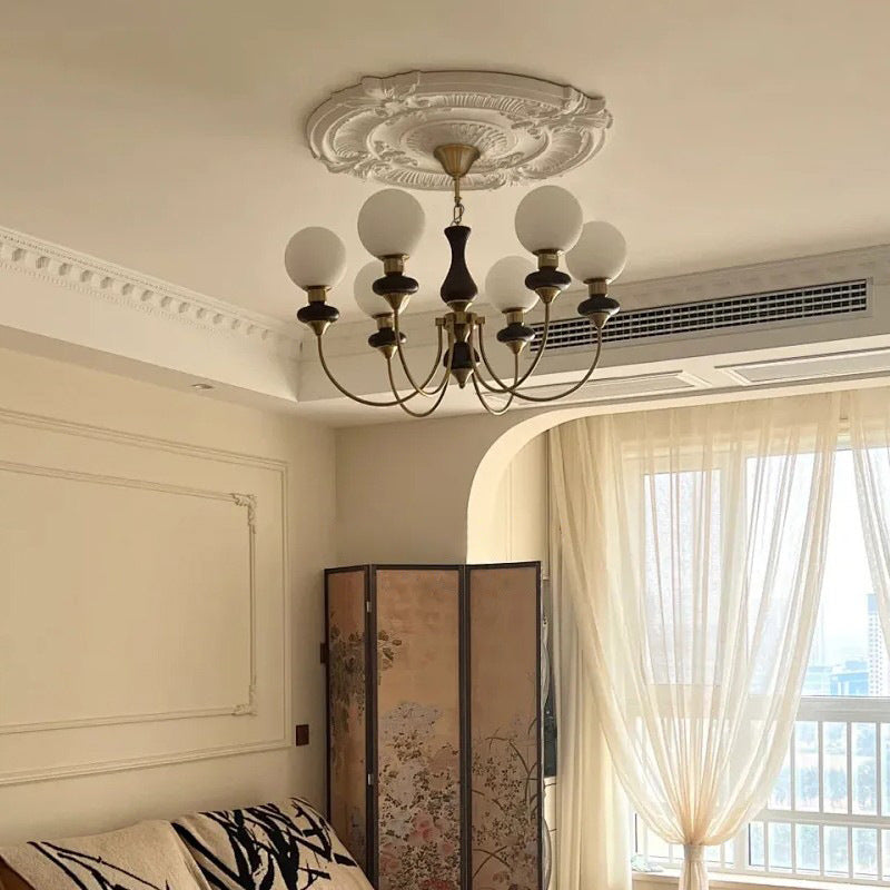 Traditional French Globe Iron Ash Wood Glass 3/6/8 Light Chandelier For Living Room