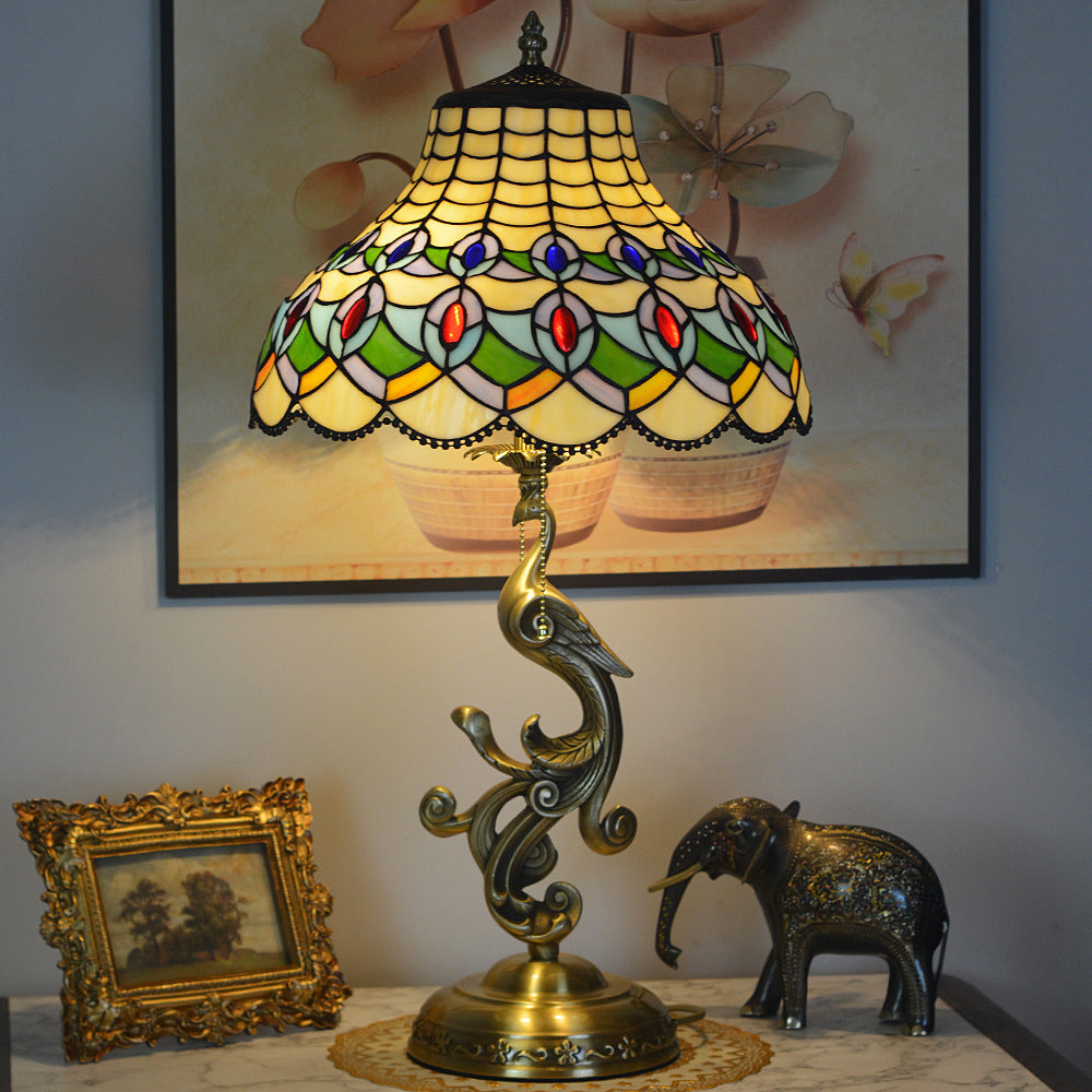 Traditional Tiffany Peacock Dome Copper Glass 1-Light Table Lamp For Bedroom