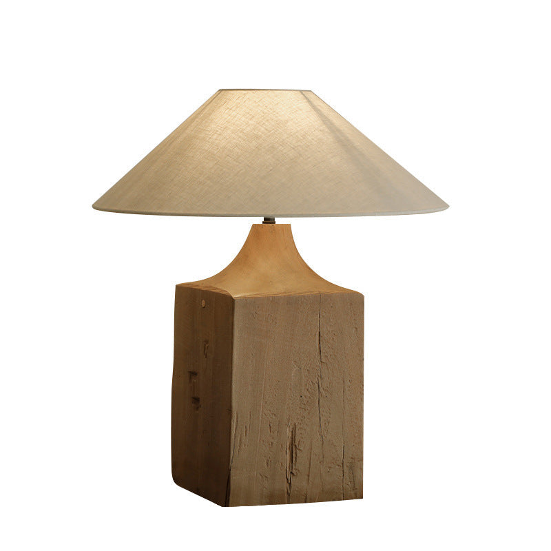 Traditional Japanese Cone Solid Wood Linen 1-Light Table Lamp For Bedroom