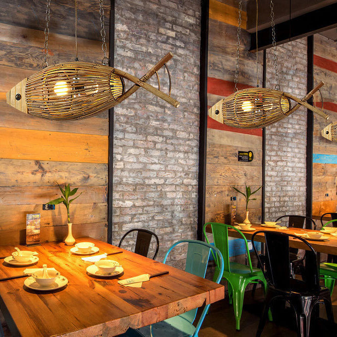 Contemporary Creative Fish Bamboo Solid Wood 2-Light Chandelier Island Light For Dining Room
