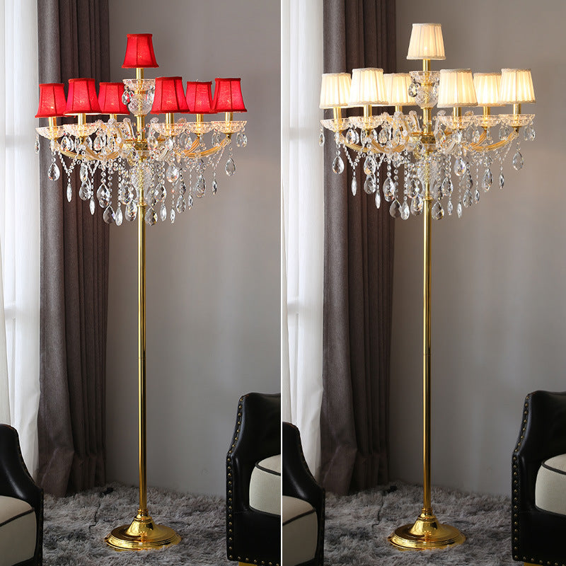 Traditional European Candle Glass Fabric Metal 7-Light Standing Floor Lamp For Living Room