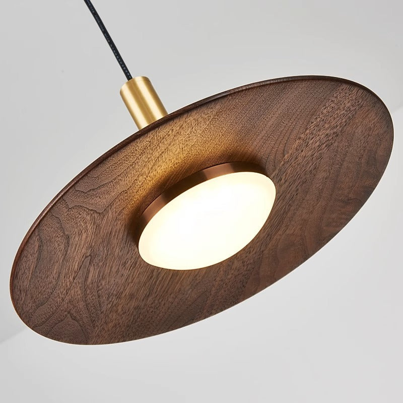 Traditional Japanese Flying Saucer Black Walnut Wood Copper Acrylic LED Pendant Light For Living Room