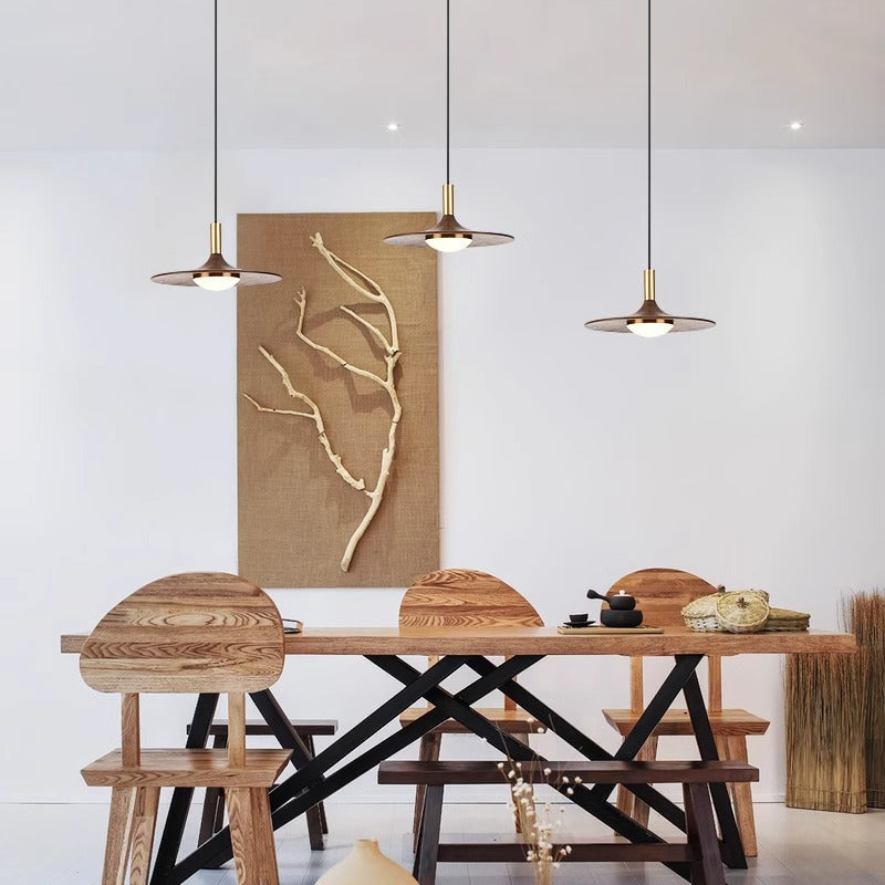 Traditional Japanese Flying Saucer Black Walnut Wood Copper Acrylic LED Pendant Light For Living Room