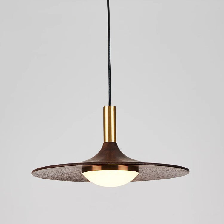 Traditional Japanese Flying Saucer Black Walnut Wood Copper Acrylic LED Pendant Light For Living Room