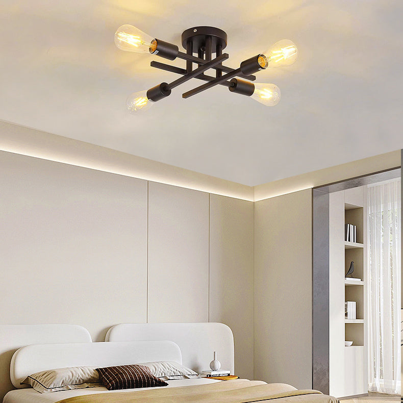 Contemporary Industrial Long Tube Iron 4-Light Semi-Flush Mount Ceiling Light For Bedroom