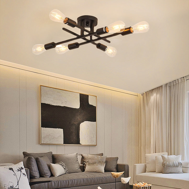Contemporary Industrial Long Tube Iron 4-Light Semi-Flush Mount Ceiling Light For Bedroom