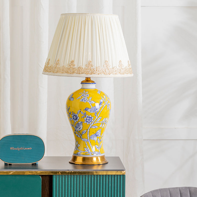 Traditional Chinese Frustum Cone Ceramic Metal Fabric 1-Light Table Lamp For Bedroom