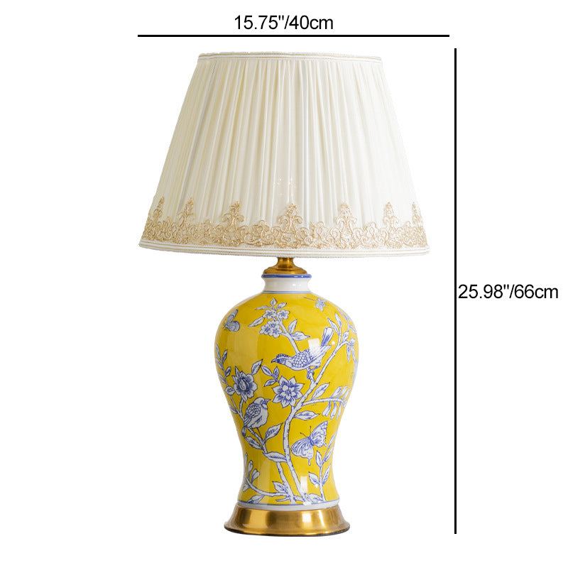Traditional Chinese Frustum Cone Ceramic Metal Fabric 1-Light Table Lamp For Bedroom