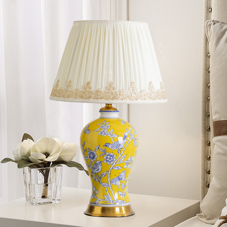 Traditional Chinese Frustum Cone Ceramic Metal Fabric 1-Light Table Lamp For Bedroom