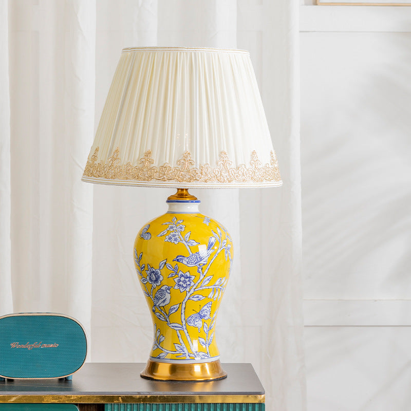 Traditional Chinese Frustum Cone Ceramic Metal Fabric 1-Light Table Lamp For Bedroom