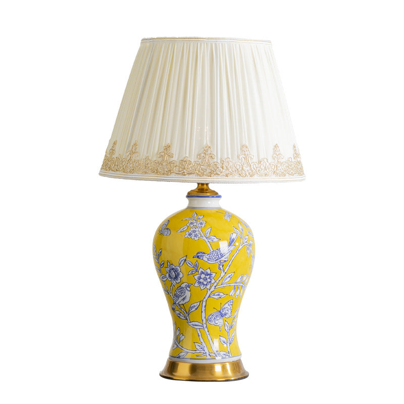 Traditional Chinese Frustum Cone Ceramic Metal Fabric 1-Light Table Lamp For Bedroom