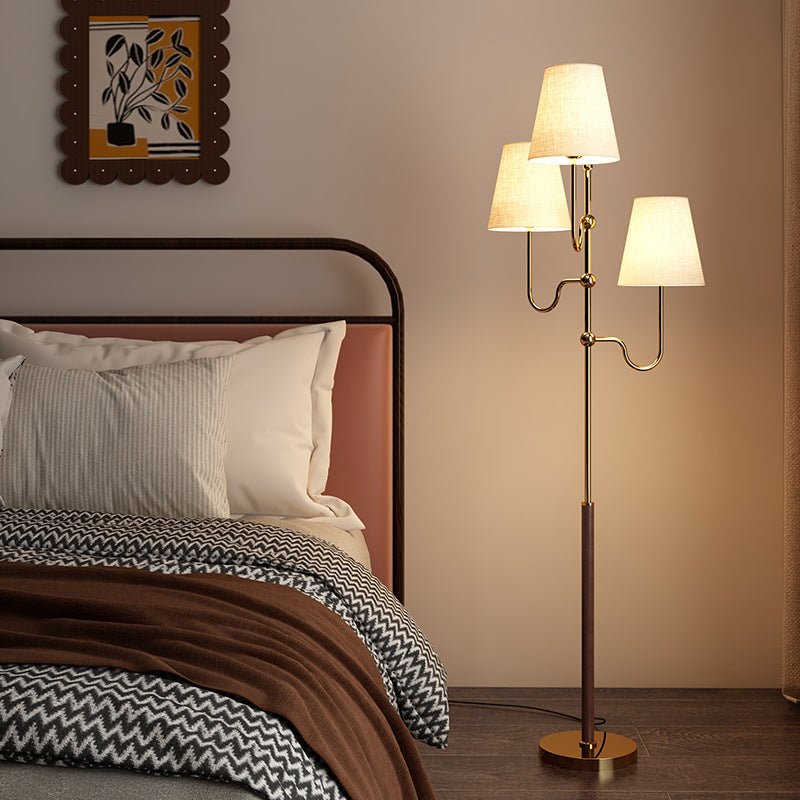 Traditional French Cone Iron Fabric Wood 3-Light Standing Floor Lamp For Bedroom