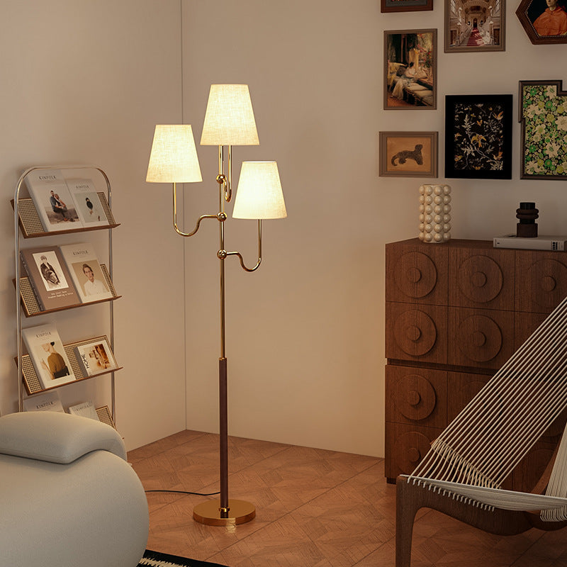 Traditional French Cone Iron Fabric Wood 3-Light Standing Floor Lamp For Bedroom