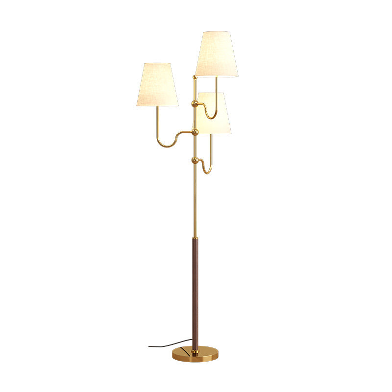 Traditional French Cone Iron Fabric Wood 3-Light Standing Floor Lamp For Bedroom
