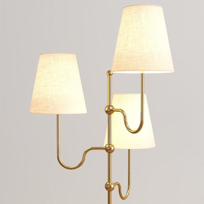Traditional French Cone Iron Fabric Wood 3-Light Standing Floor Lamp For Bedroom