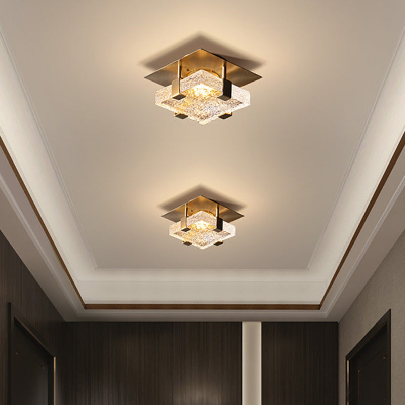 Modern Luxury Square Stainless Steel Glass LED Semi-Flush Mount Ceiling Light For Hallway