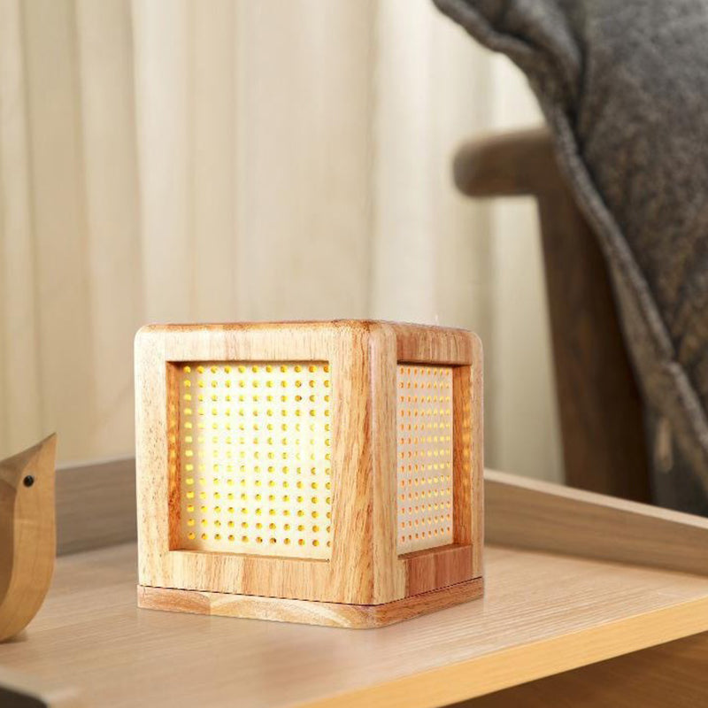 Traditional Japanese Cube Rubberwood Magnet 1-Light Table Lamp For Bedroom