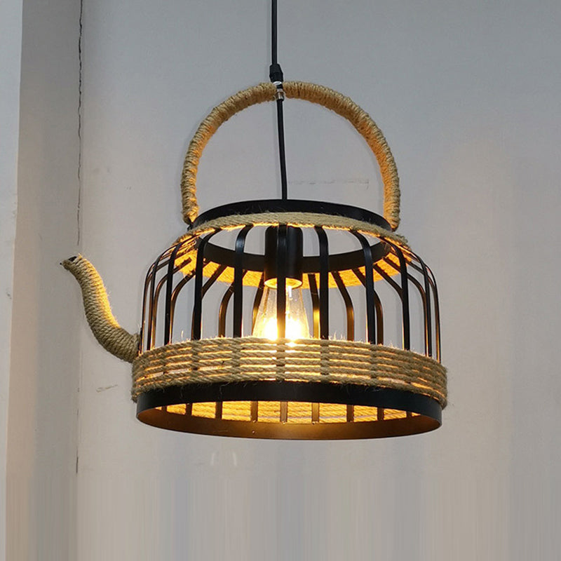 Traditional Vintage Teapot Iron Rope 1-Light Pendant Light For Living Room