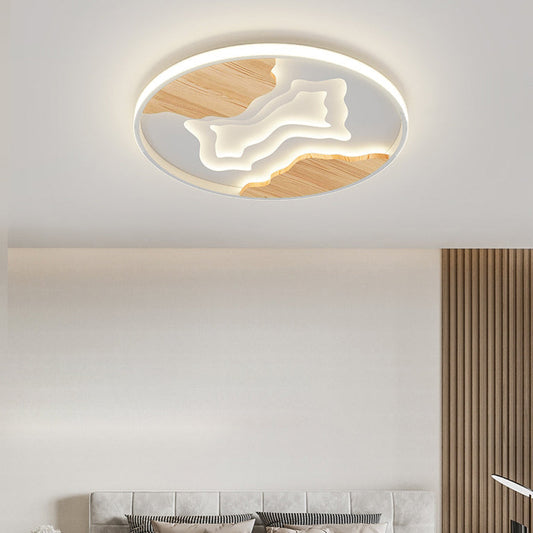 寝室用コンテンポラリースカンジナビアラウンドラバーウッドアクリルLEDフラッシュマウントシーリングライト