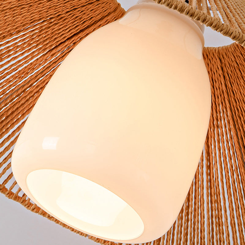 Traditional Japanese Cone Wood Paper Rope 1-Light Pendant Light For Living Room