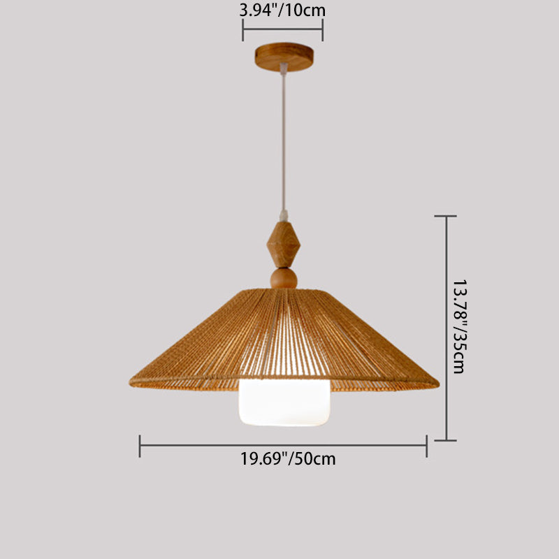 Traditional Japanese Cone Wood Paper Rope 1-Light Pendant Light For Living Room
