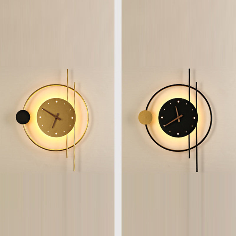 Modern Eclectic Clock Round Iron Acrylic Black Walnut Wood LED Wall Sconce Lamp For Living Room