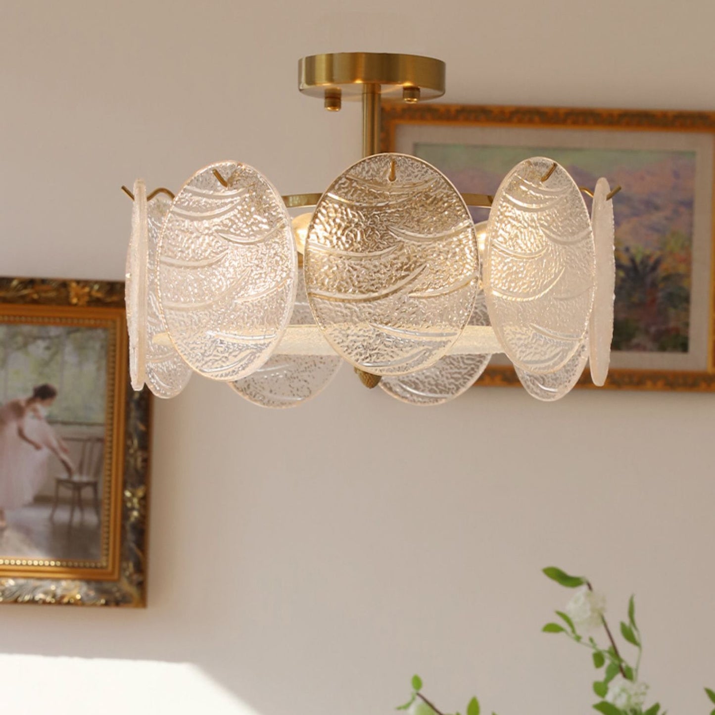 Modern Mid-Century Circle Iron Glass 6-Light Semi-Flush Mount Ceiling Light For Living Room