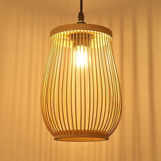 Traditional Chinese Bamboo Cylinder 1-Light Pendant Light For Living Room