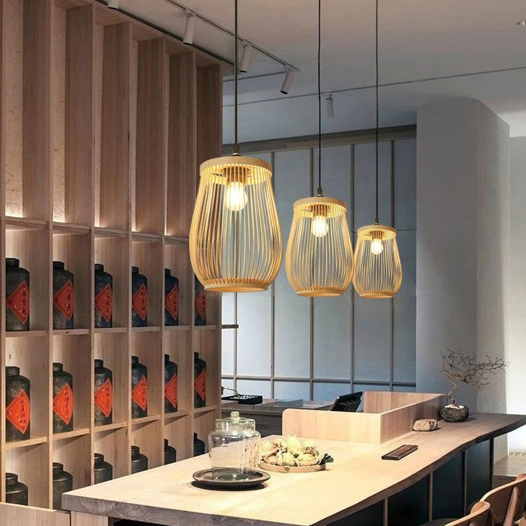 Traditional Chinese Bamboo Cylinder 1-Light Pendant Light For Living Room