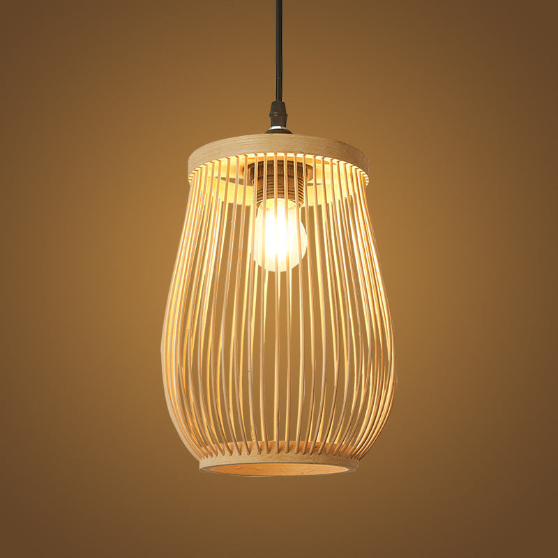 Traditional Chinese Bamboo Cylinder 1-Light Pendant Light For Living Room