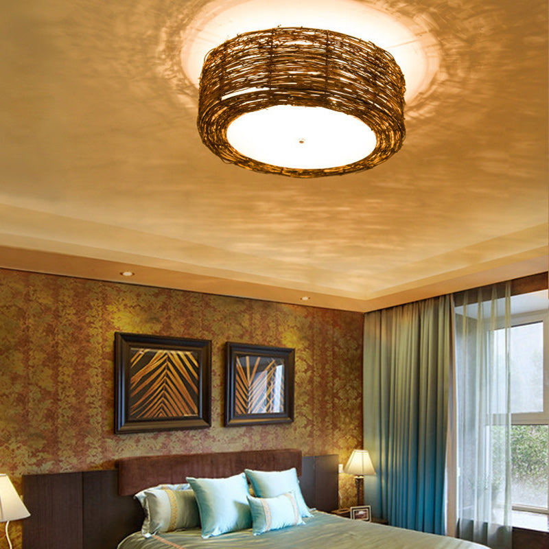 Traditional Rustic Round Rattan Acrylic 1-Light Flush Mount Ceiling Light For Bedroom