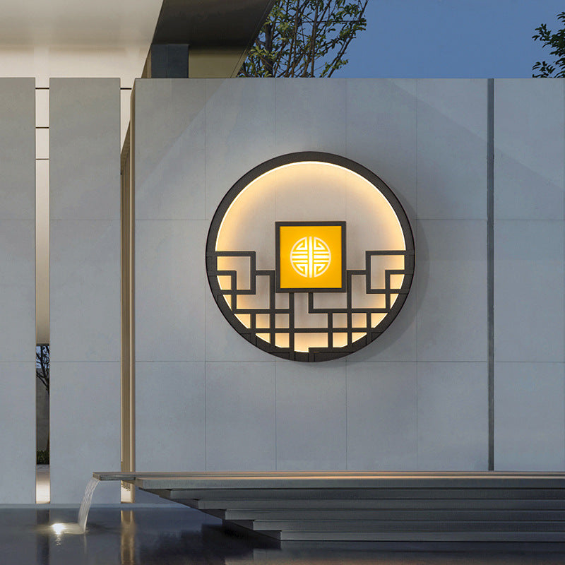 Traditional Chinese Round Stainless Steel PC LED Wall Sconce Lamp For Outdoor Patio