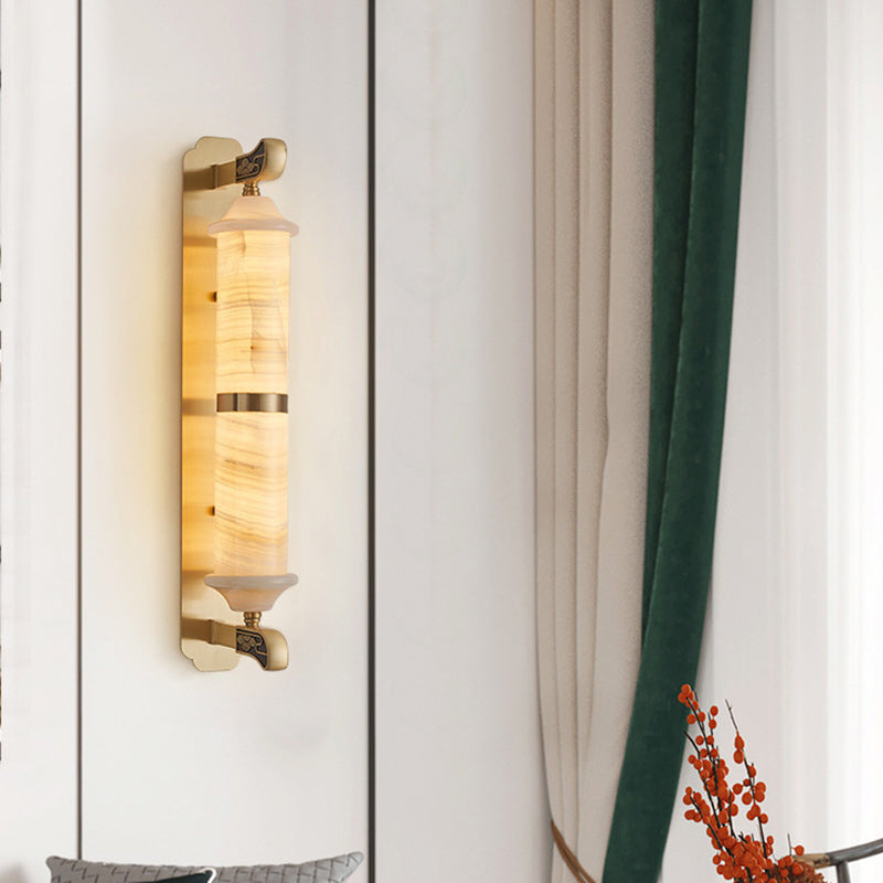 Traditional Chinese Cylinder Copper Jade LED Wall Sconce Lamp For Living Room