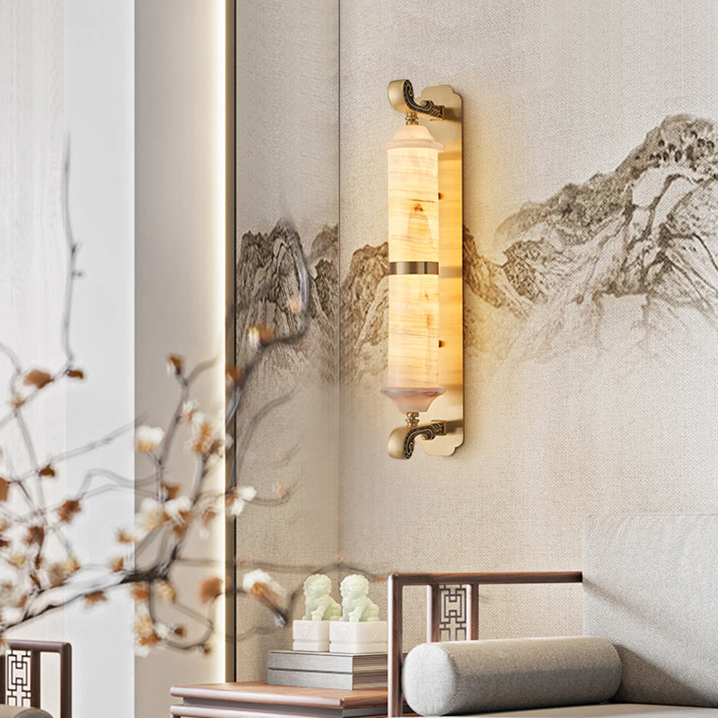 Traditional Chinese Cylinder Copper Jade LED Wall Sconce Lamp For Living Room